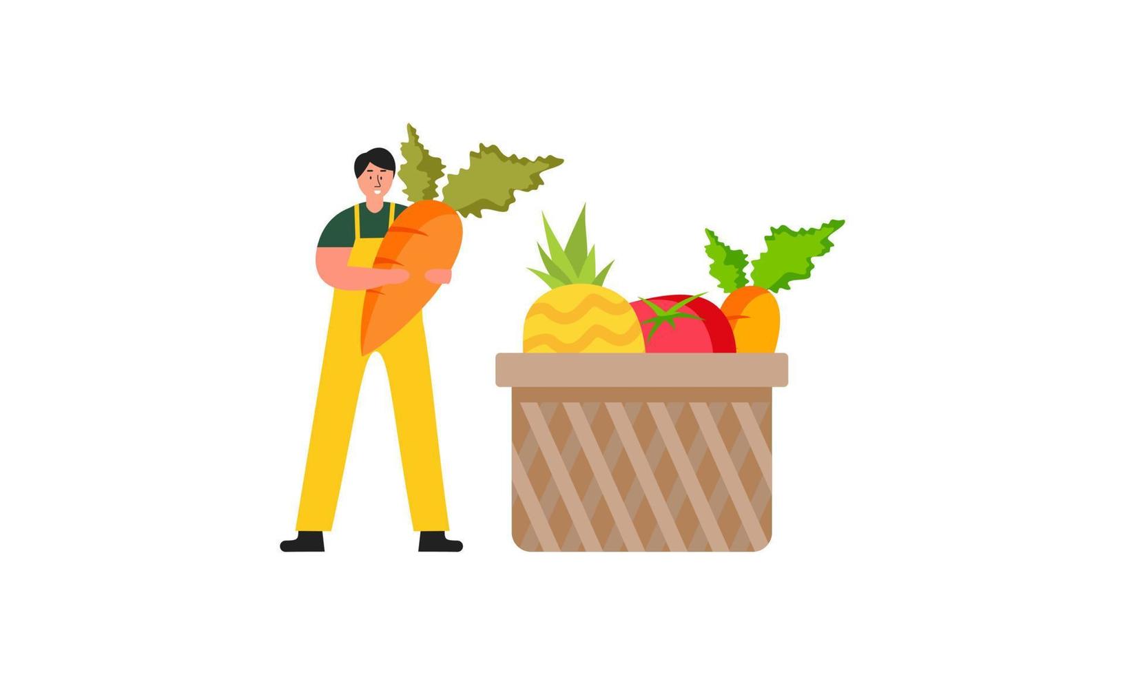 Tiny farmer and selling fresh farm vegetables to buyer illustration concept vector