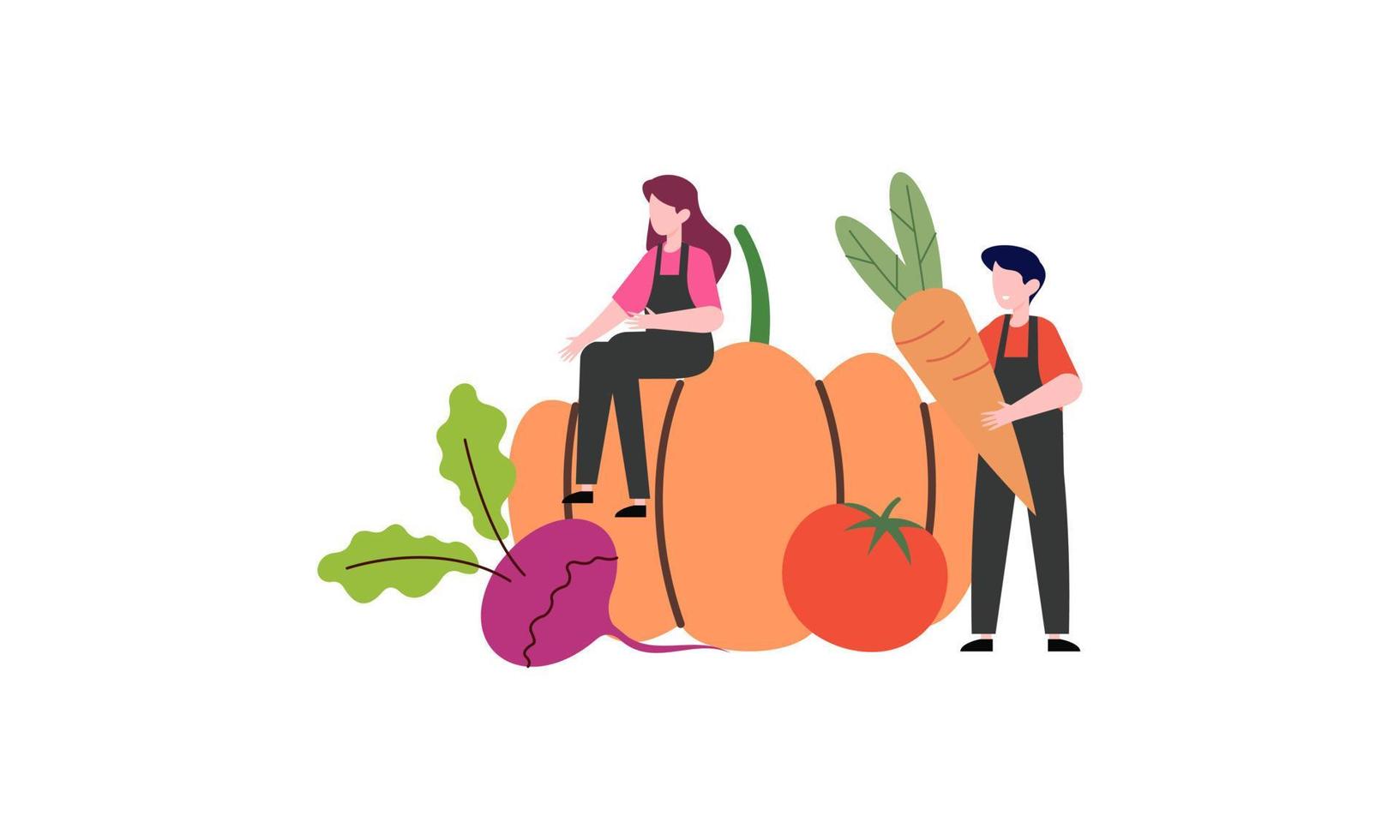 Tiny farmer and selling fresh farm vegetables to buyer illustration concept vector