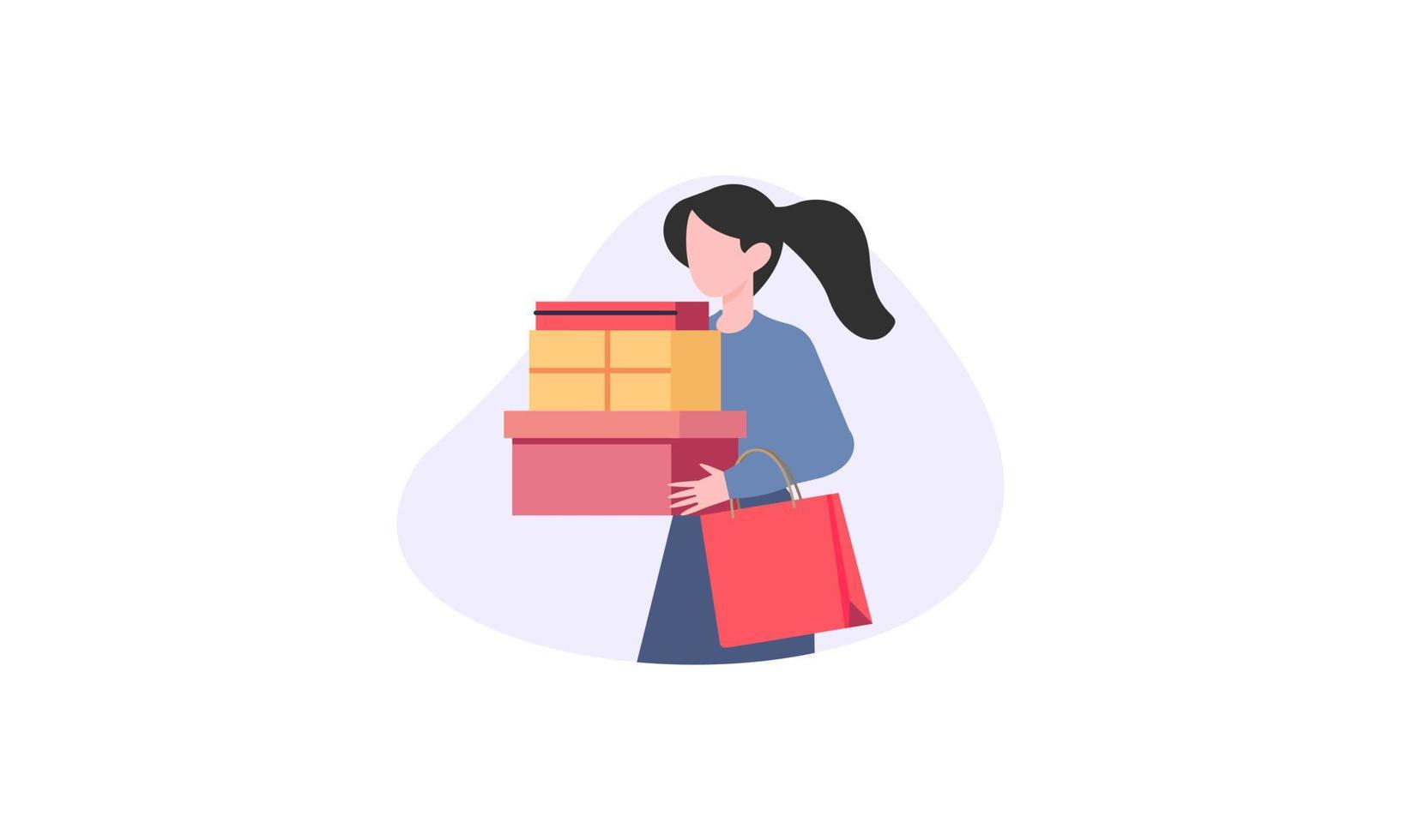 gran venta con niña sosteniendo cajas ilustración vector