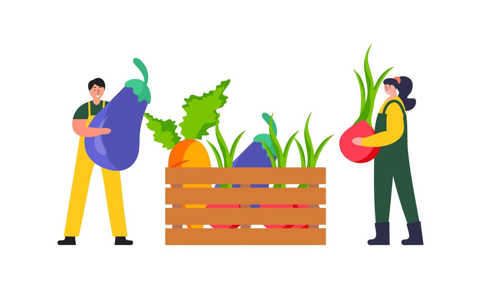 Tiny farmer and selling fresh farm vegetables to buyer illustration concept vector