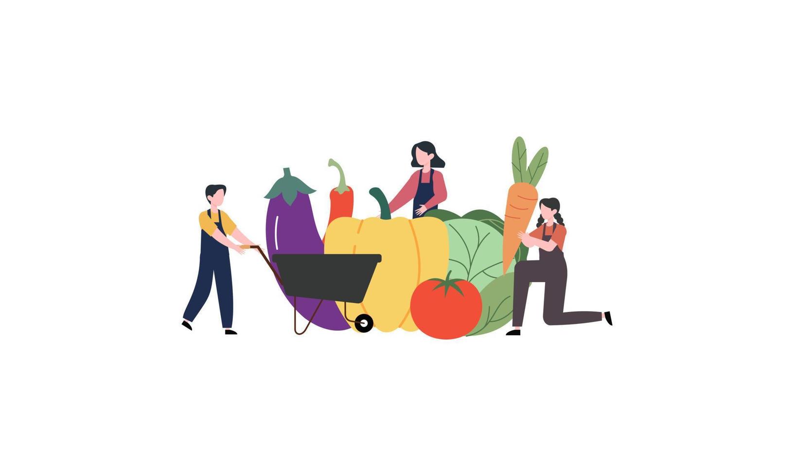 Tiny farmer and selling fresh farm vegetables to buyer illustration concept vector