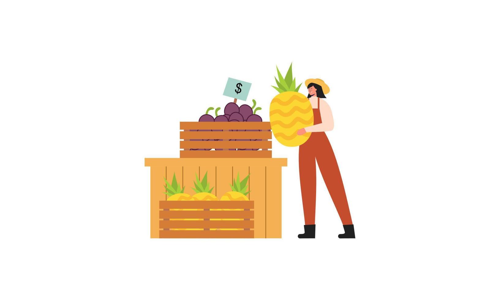 Tiny farmer and selling fresh farm vegetables to buyer illustration concept vector