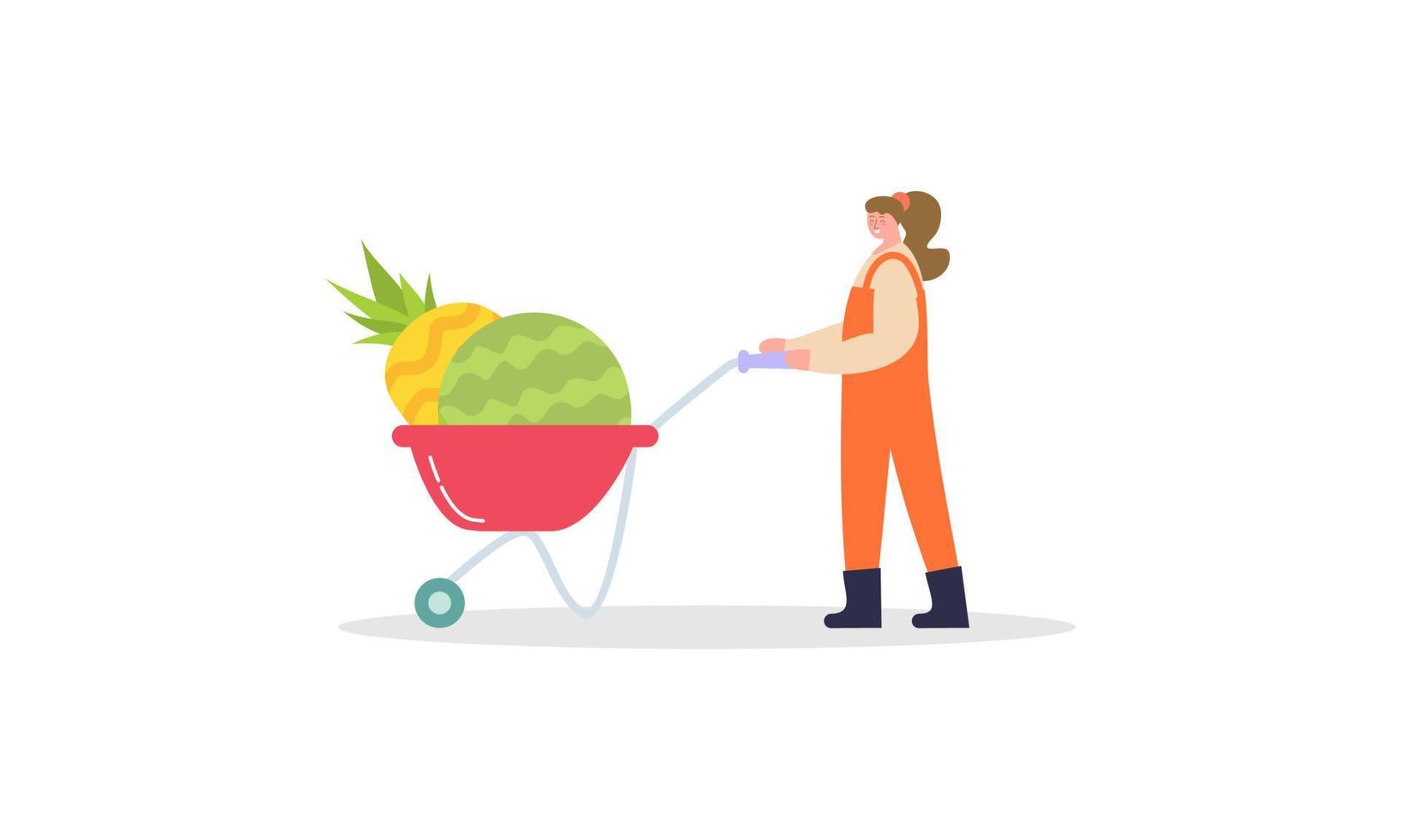 Tiny farmer and selling fresh farm vegetables to buyer illustration concept vector