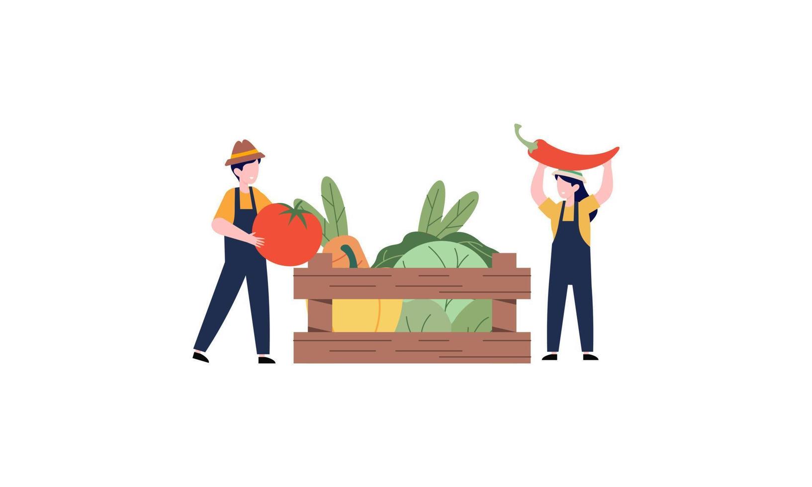 Tiny farmer and selling fresh farm vegetables to buyer illustration concept vector