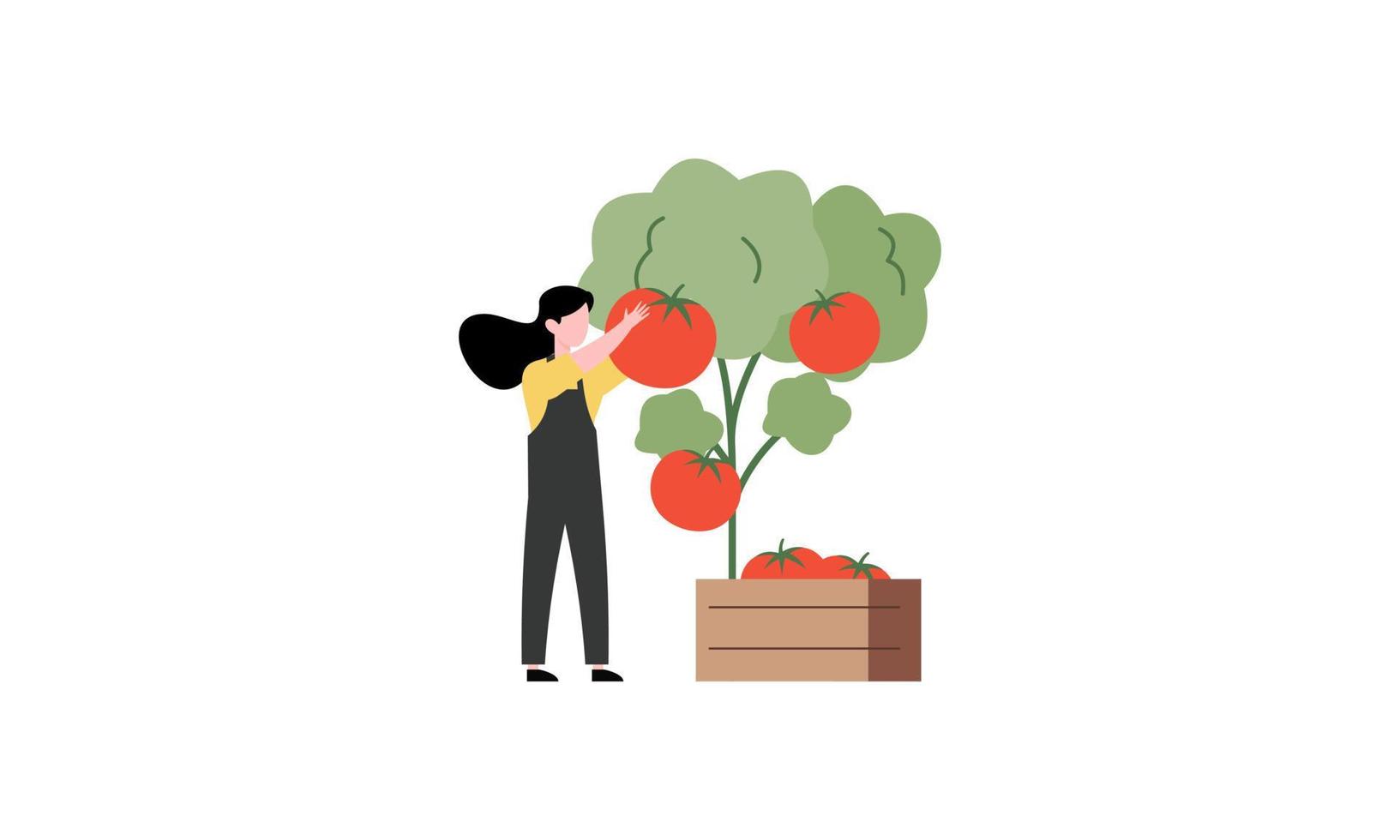 Tiny farmer and selling fresh farm vegetables to buyer illustration concept vector