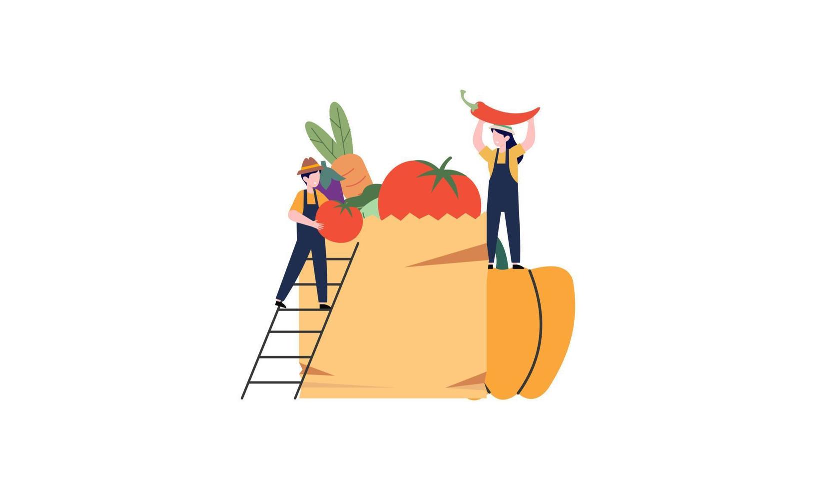 Tiny farmer and selling fresh farm vegetables to buyer illustration concept vector
