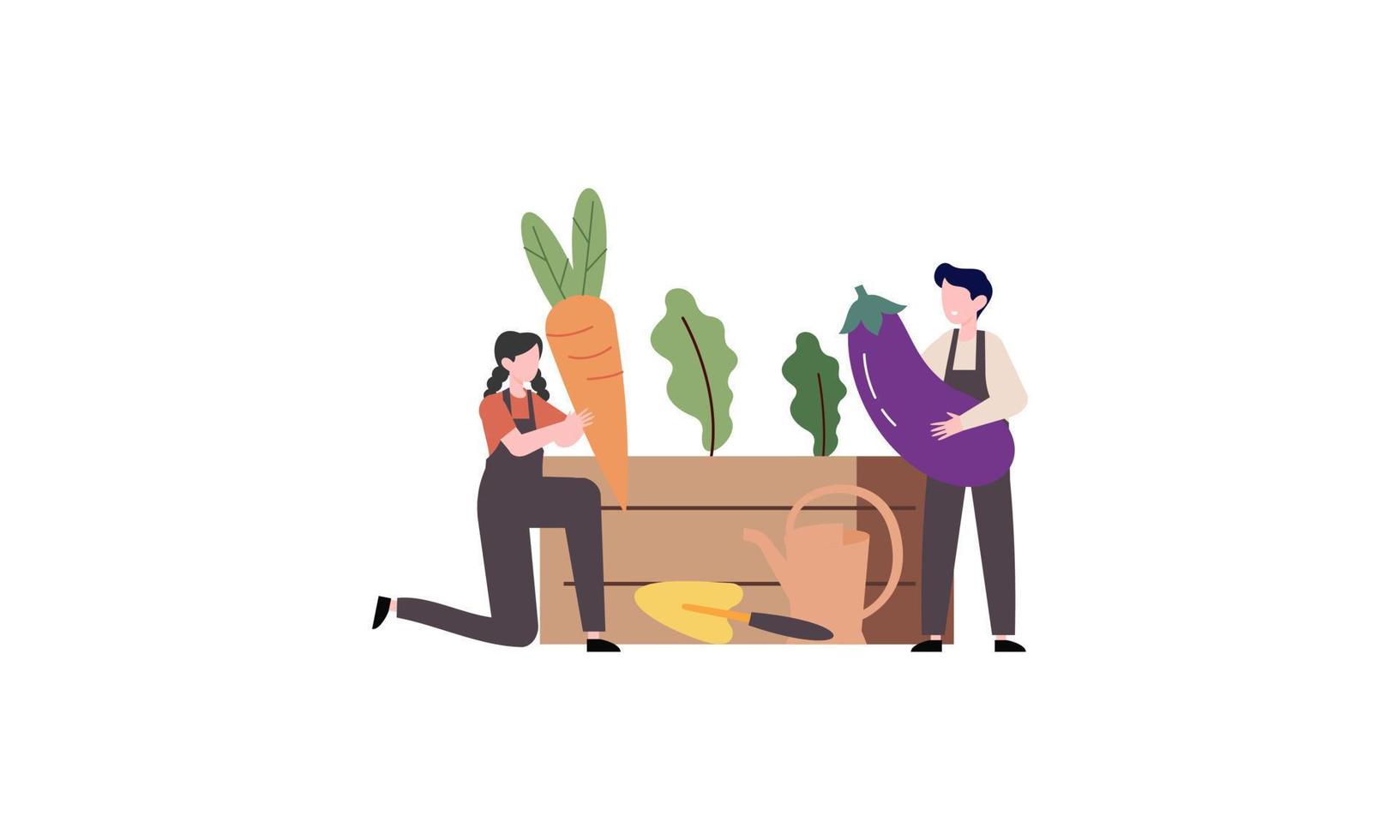 Tiny farmer and selling fresh farm vegetables to buyer illustration concept vector