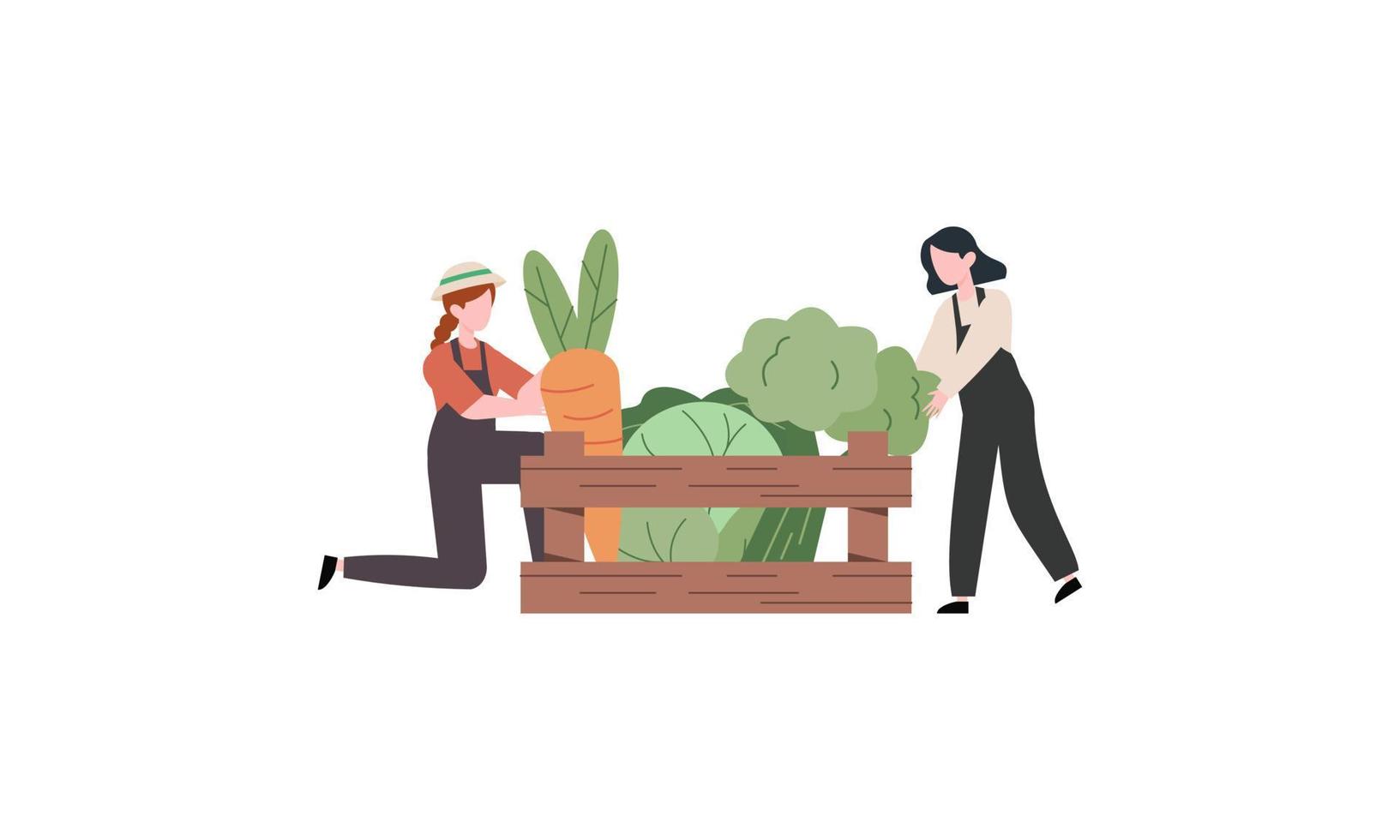 Tiny farmer and selling fresh farm vegetables to buyer illustration concept vector