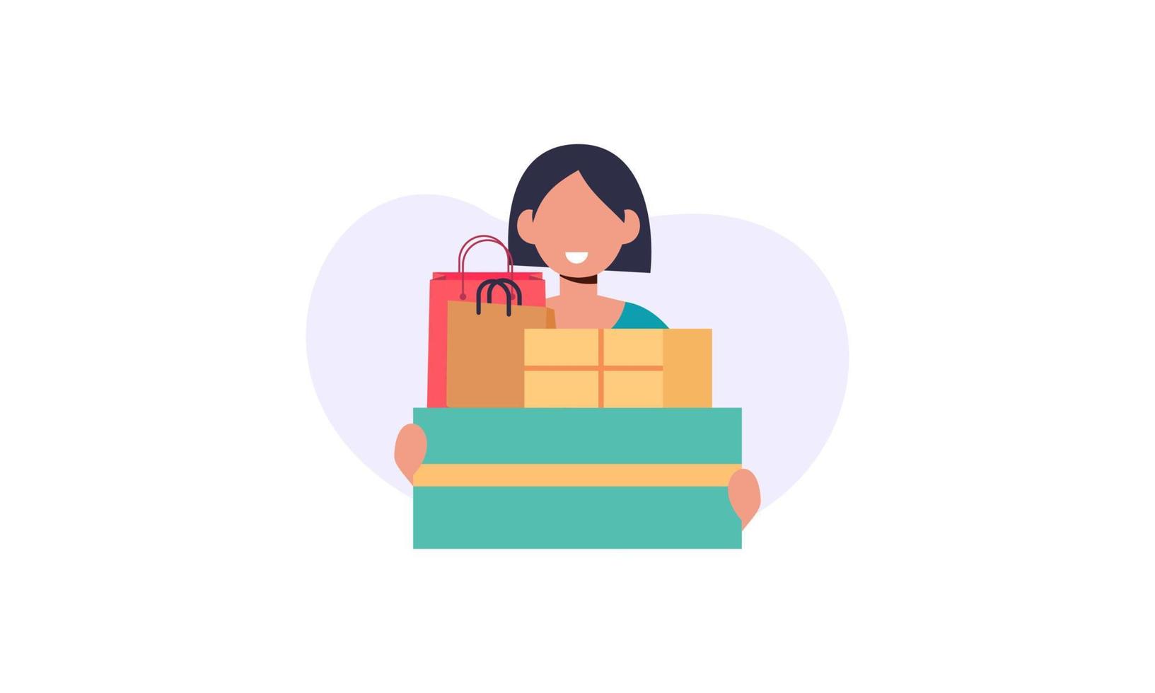 gran venta con niña sosteniendo cajas ilustración vector