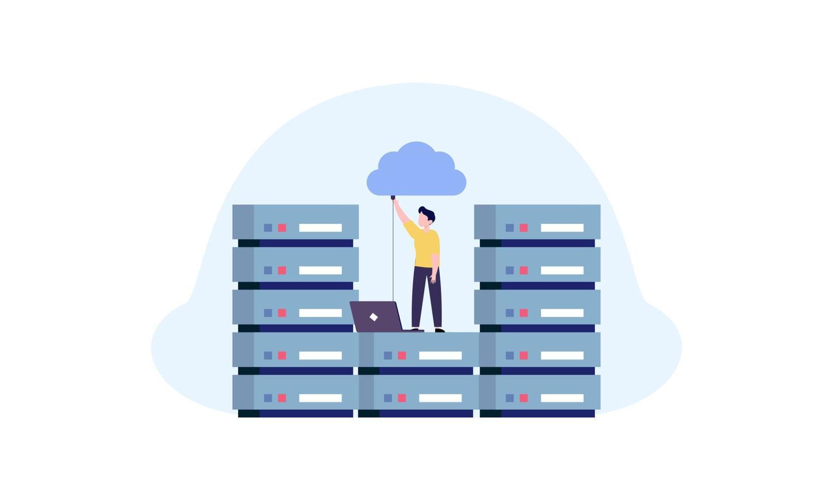 concepto de centro de datos, gestión de archivos, vector de ilustración plana de almacenamiento en la nube