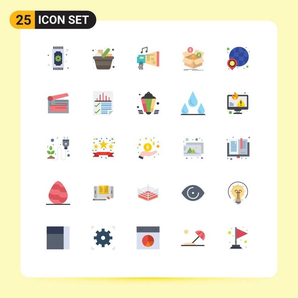 paquete de 25 signos y símbolos de colores planos modernos para medios de impresión web, como elementos de diseño de vectores editables para dispositivos de música de cocina de presupuesto m