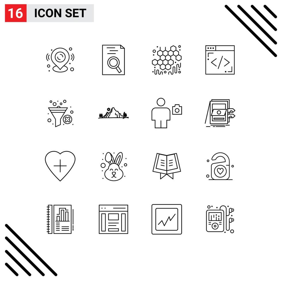 Pictogram Set of 16 Simple Outlines of filter funnel honey filter internet Editable Vector Design Elements