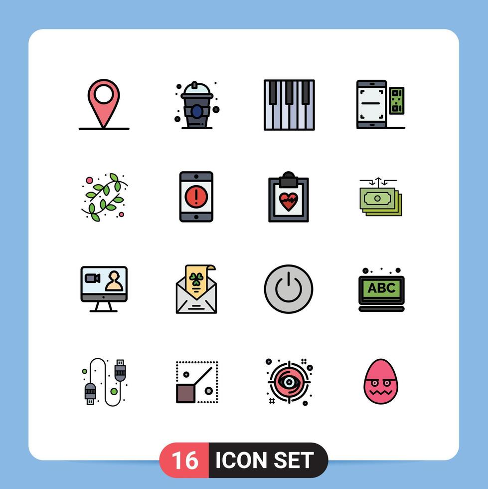16 Universal Flat Color Filled Lines Set for Web and Mobile Applications buds smartphone keyboard scan code Editable Creative Vector Design Elements