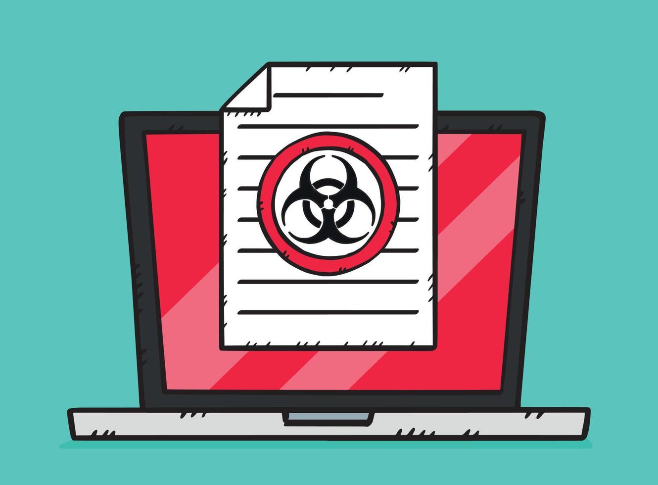 Graphic showing laptop with document that have biohazard sign on it. Vector illustration in cartoon style with black outline. Hand-drawn vector graphics.