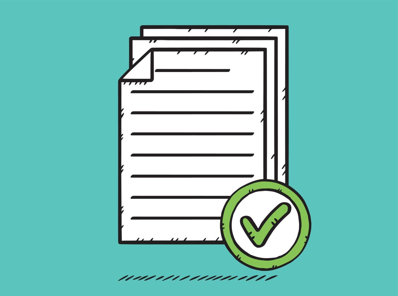 Icon of several documents with green checkmark. A passed test or survey. Hand-drawn vector illustration.