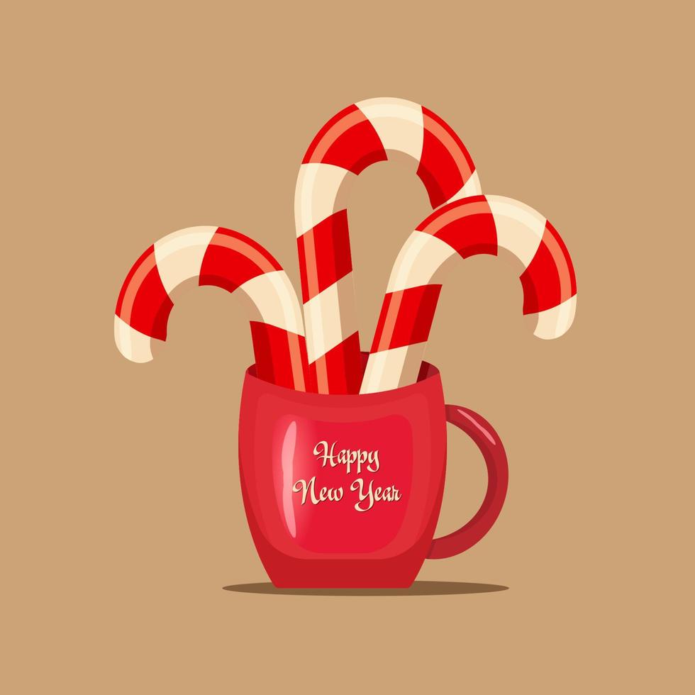 piruletas de navidad en una taza roja. decoraciones festivas y artículos para cualquier decoración de fondo de año nuevo y navidad vector