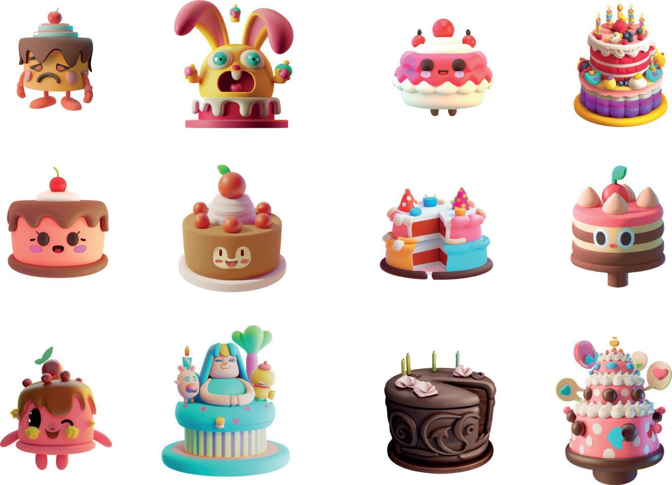 Cute Cake 3D illustrations with various and unique cartoonish design vector