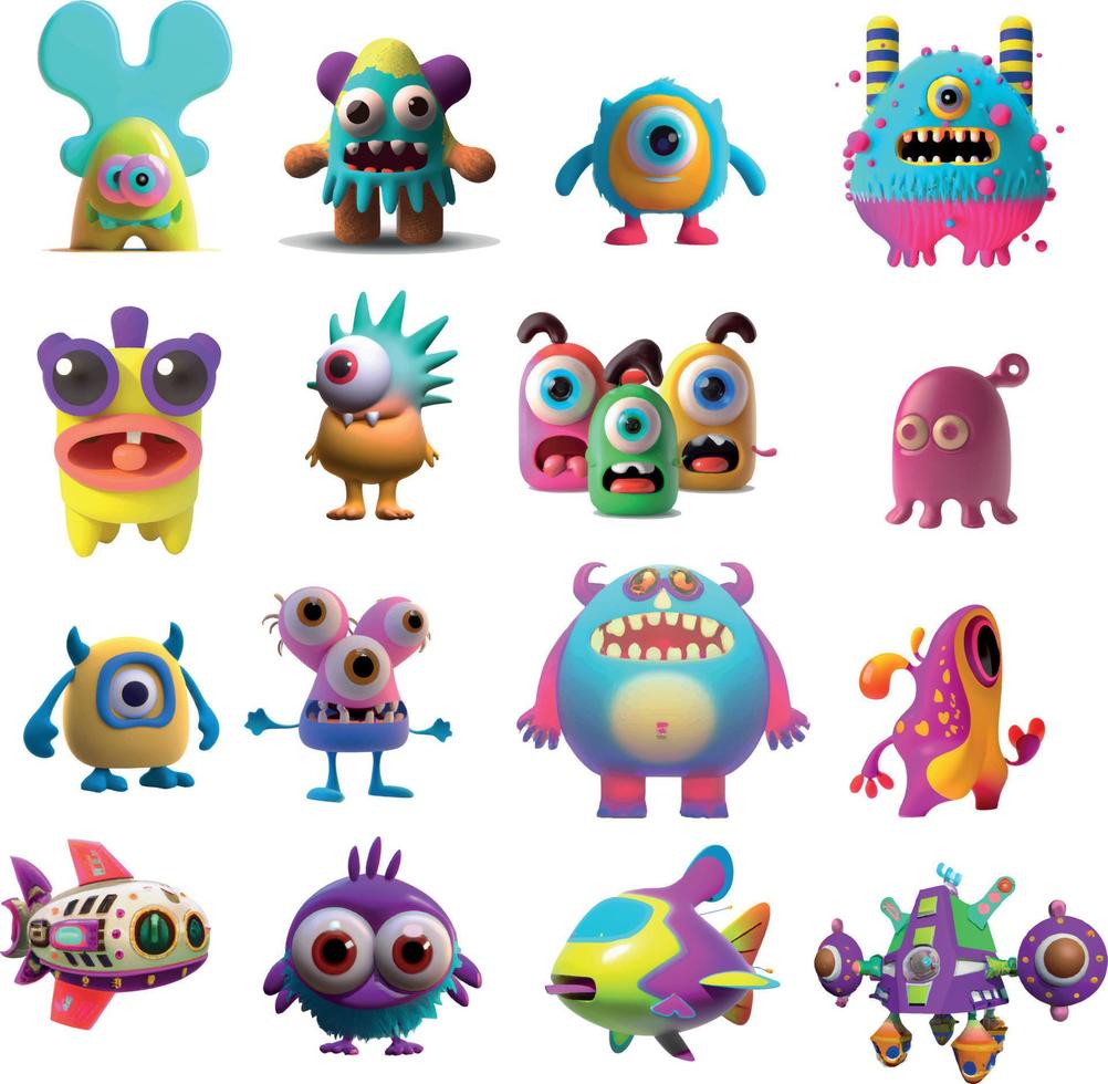 3D Cute Monsters Cartoon Design vector