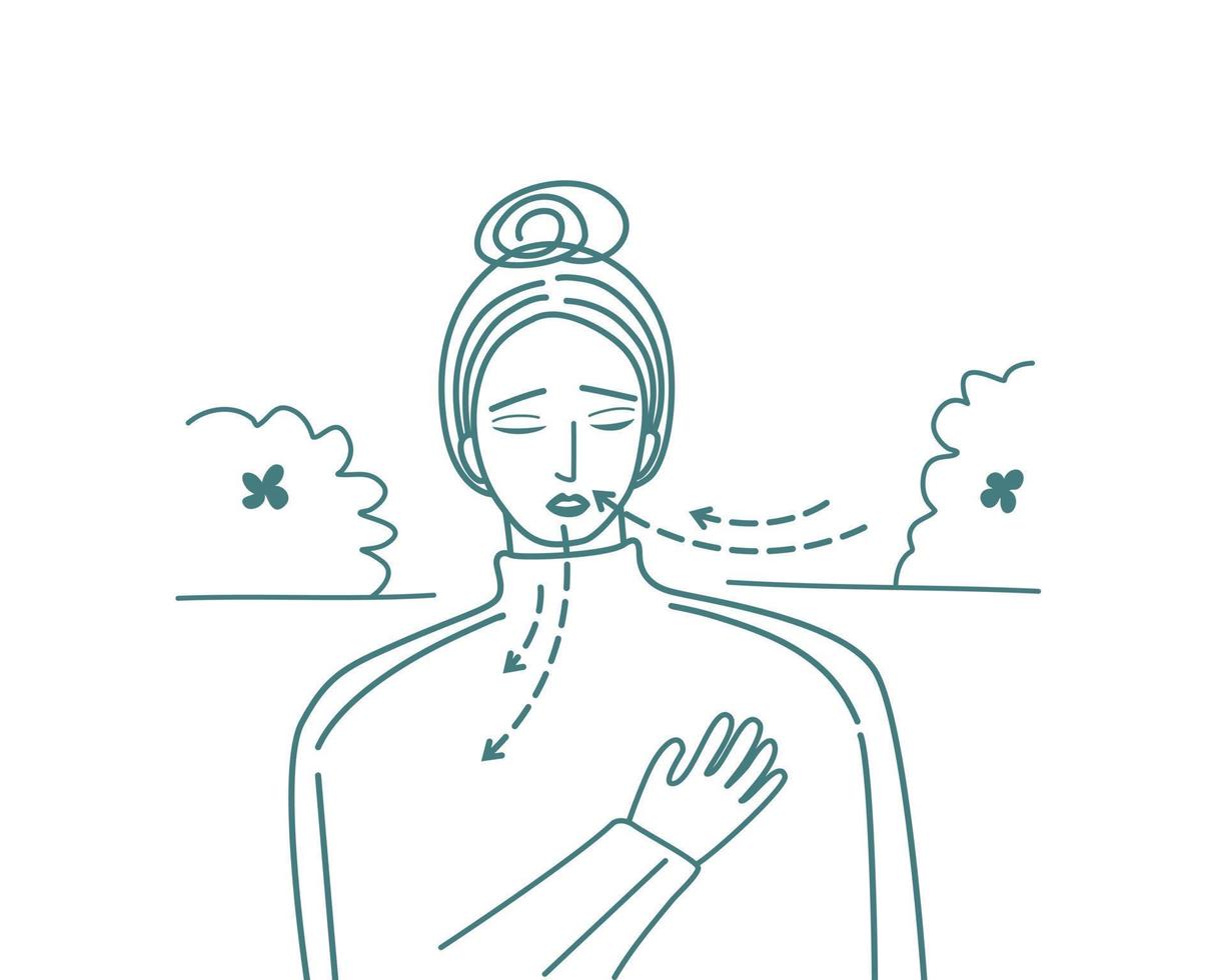 Isolated of a woman do breathing exercise outdoor. Flat vector illustration.