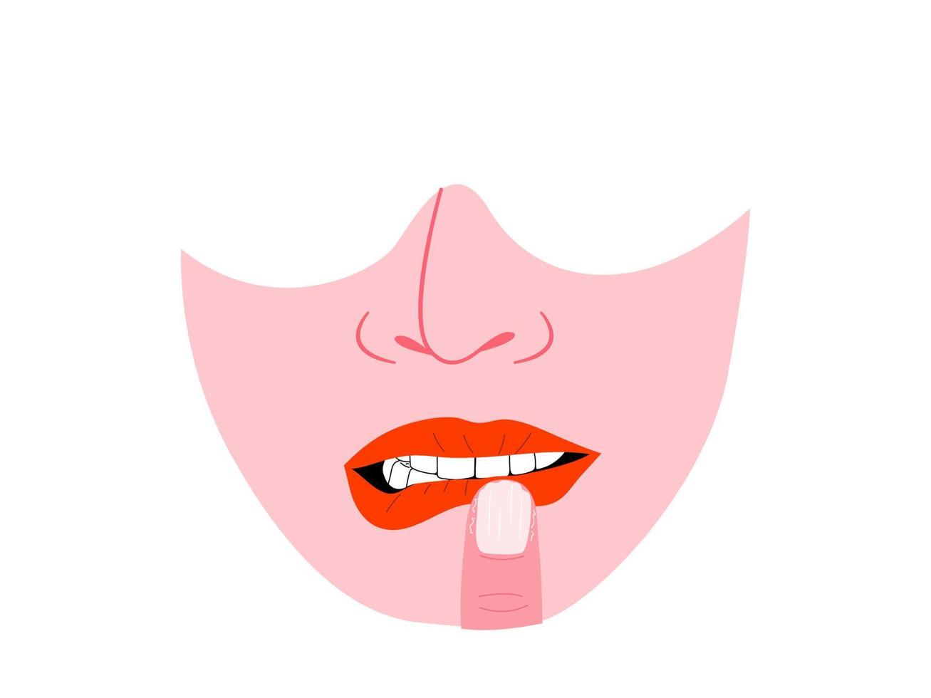 aislado de la cara humana que muestra el trastorno de mordedura de labios y uñas, síntoma de bfrbs de comportamientos repetitivos centrados en el cuerpo. ilustración vectorial plana. vector