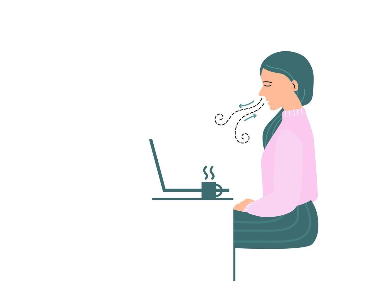 aislado de una mujer meditando y respirando ejercicio con laptop. ilustración vectorial en estilo plano. vector