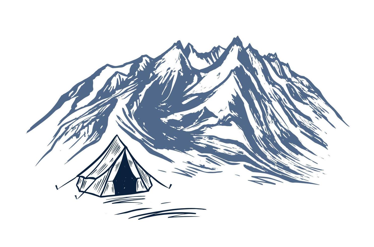 camping en la naturaleza, montañas, ilustraciones dibujadas a mano vector