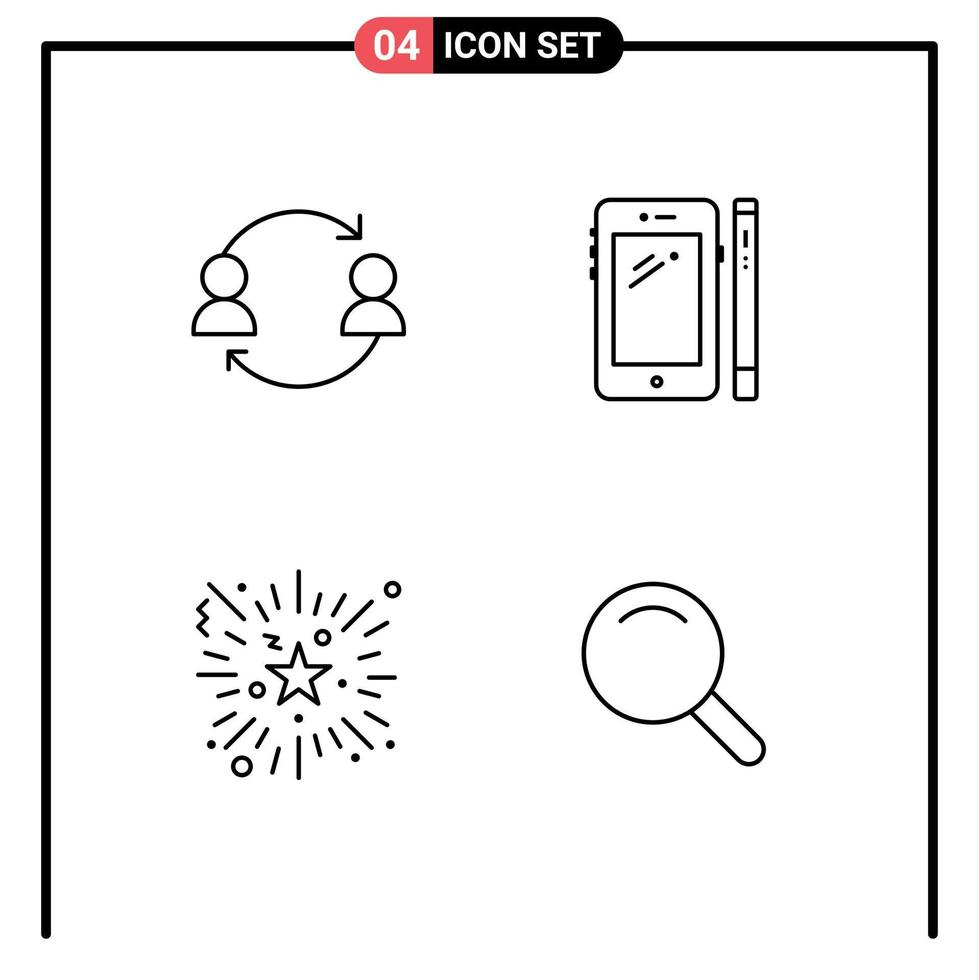 Mobile Interface Line Set of 4 Pictograms of avatar pen transfer smart phone firework Editable Vector Design Elements