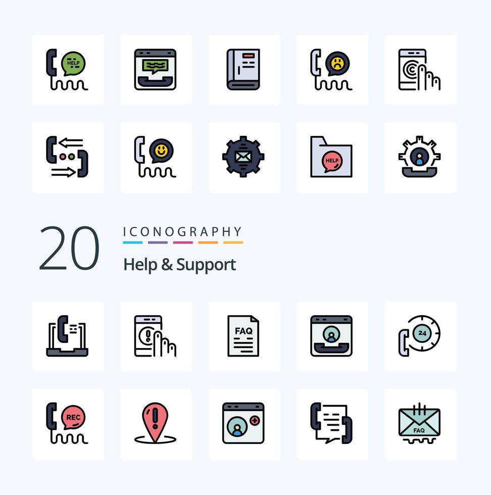 20 Help And Support Line Filled Color icon Pack like communication call help support file vector