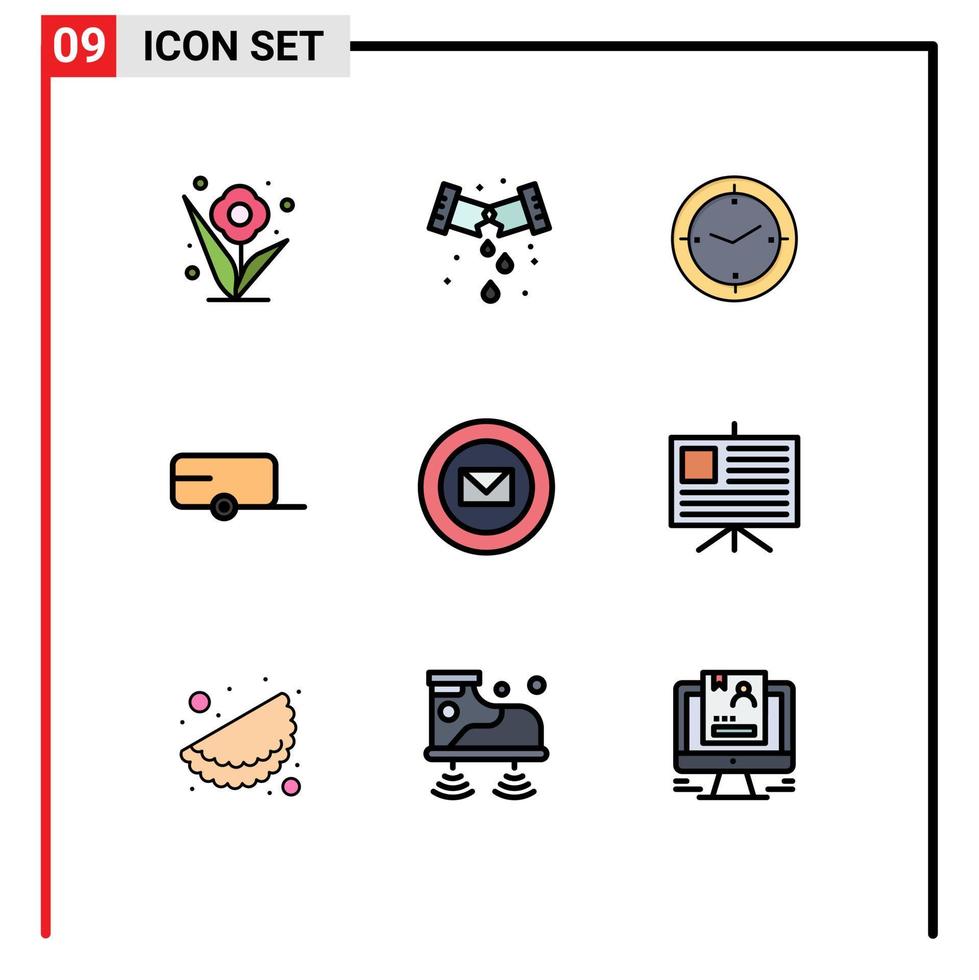 paquete de 9 signos y símbolos de colores planos de línea de llenado modernos para medios de impresión web, como elementos de diseño de vectores editables para granjeros de vehículos de tiempo de correo nítido