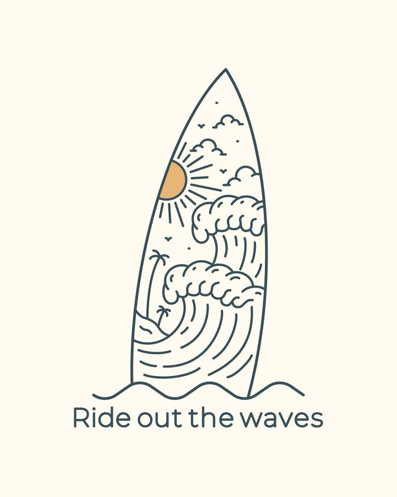 The waves and beach view in surfboard frame in mono line design for badge, sticker, patch, t shirt design vector