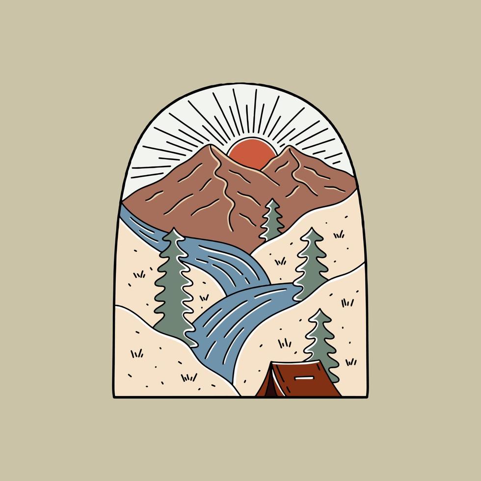 naturaleza de camping con vista al amanecer en diseño de vector de línea mono para placa, pegatina, parche, diseño de vector de camiseta