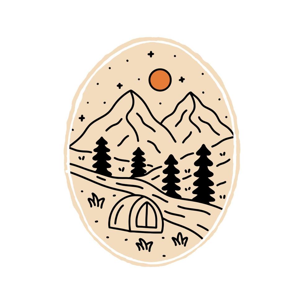 Nature camping under the stars in mono line vector for outdoor design