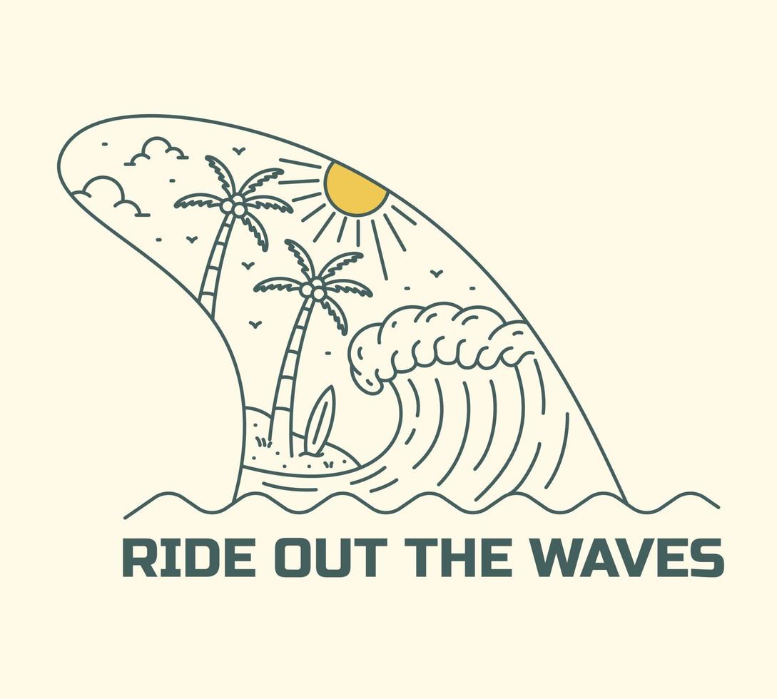 Ride out the waves and enjoy the summertime in mono line for badge, sticker, patch, t shirt design vector