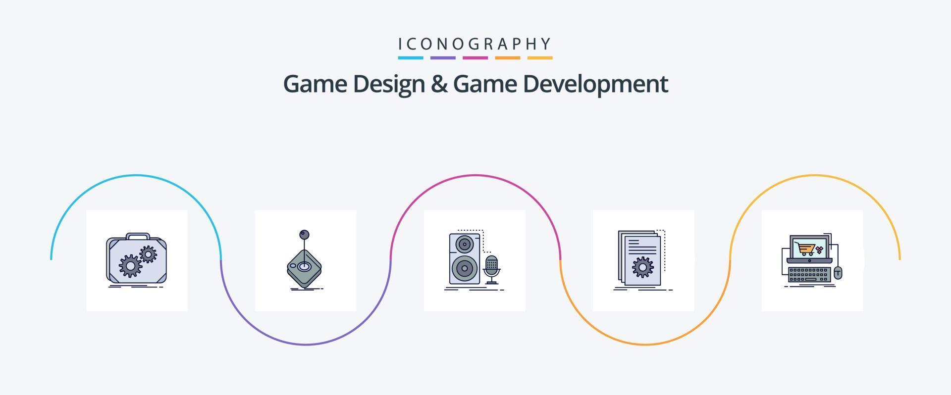 el diseño del juego y la línea de desarrollo del juego llenaron el paquete de iconos planos 5, incluido el desarrollador. aplicación palanca de mando. sonar. micrófono vector