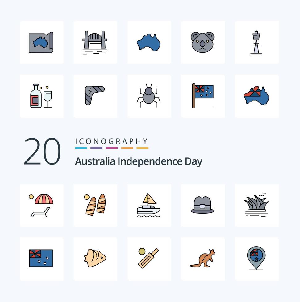 20 día de la independencia de australia paquete de iconos de color relleno de línea como cultura hombre deportes turismo país vector