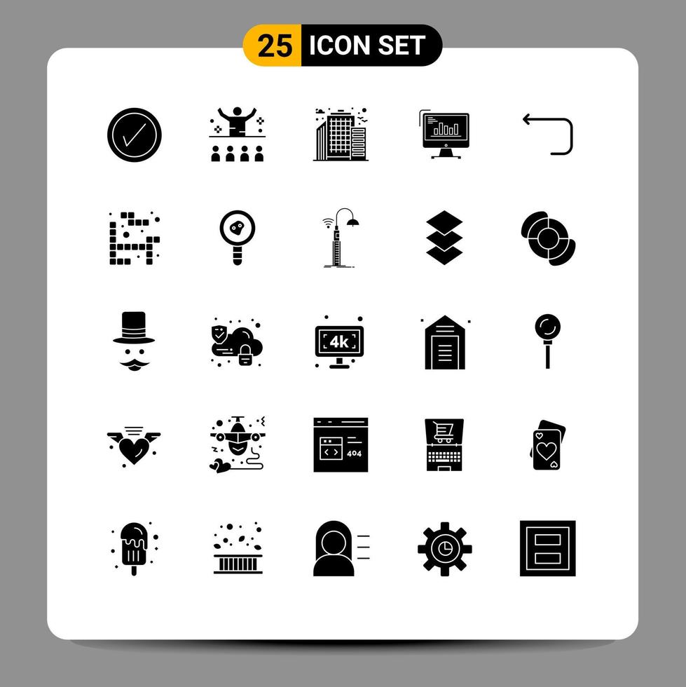 Pack of 25 Modern Solid Glyphs Signs and Symbols for Web Print Media such as trends diagram building computer analytics Editable Vector Design Elements