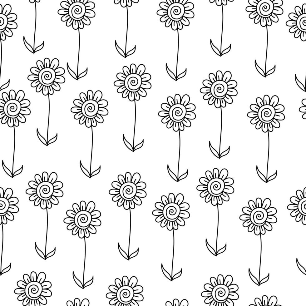 Outline seamless pattern of doodle flowers with spiral centers and thin leaves on a white background vector