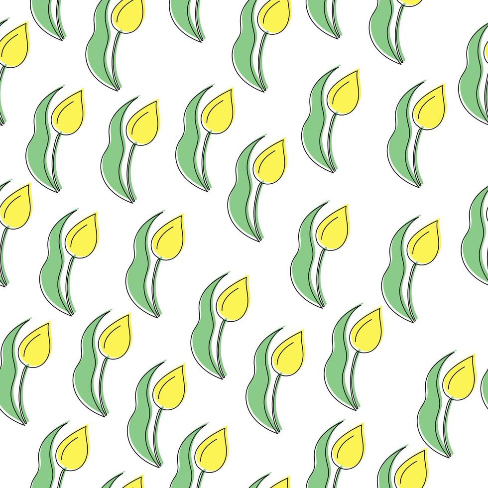 Seamless pattern of yellow tulips with green leaves, delicate doodle flowers on a white background vector