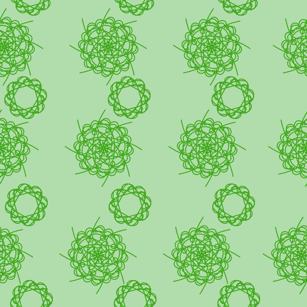 patrón impecable de mandalas ornamentados en verde sobre un fondo verde claro, rizos ornamentados en filas verticales para el diseño vector