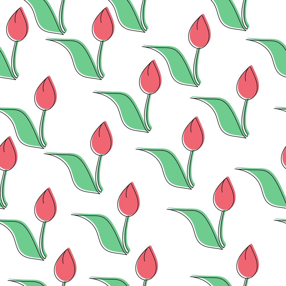 patrón sin costuras de tulipanes rojos cerrados, flores de garabatos de contorno con hojas verdes sobre un fondo blanco vector