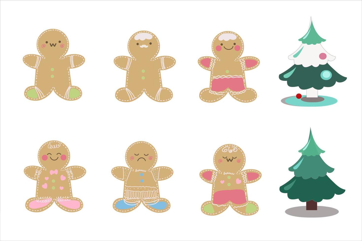 Gingerbread cookies on white background. Gingerbread cookies. Winter homemade sweets in shape of house and gingerbread man, tree and reindeer, star and snowflake, jingle bell and heart. Cartoon vector