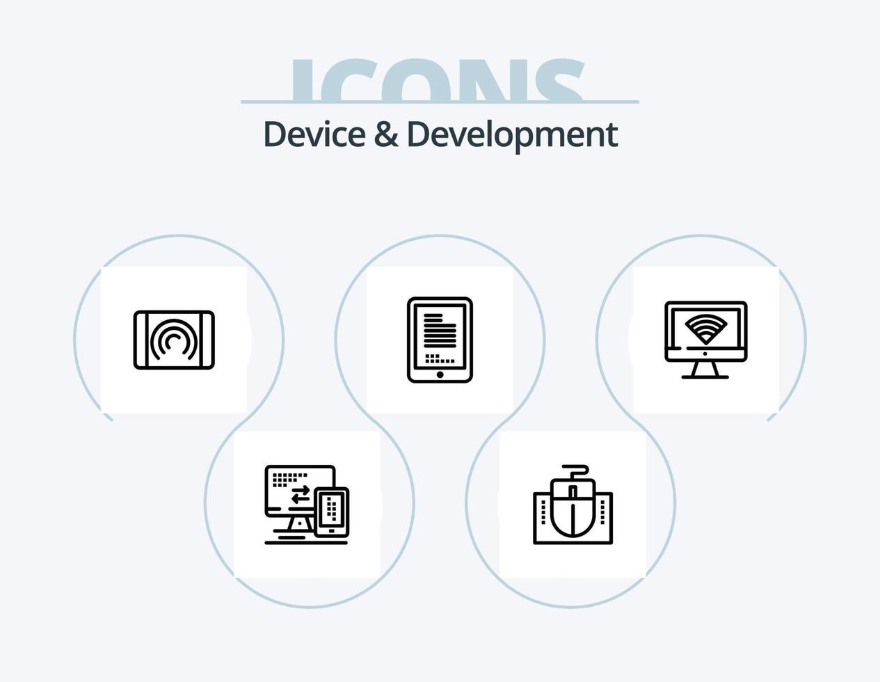 dispositivo y línea de desarrollo icon pack 5 diseño de iconos. teclado. documento. micrófono. usuario. algoritmo vector