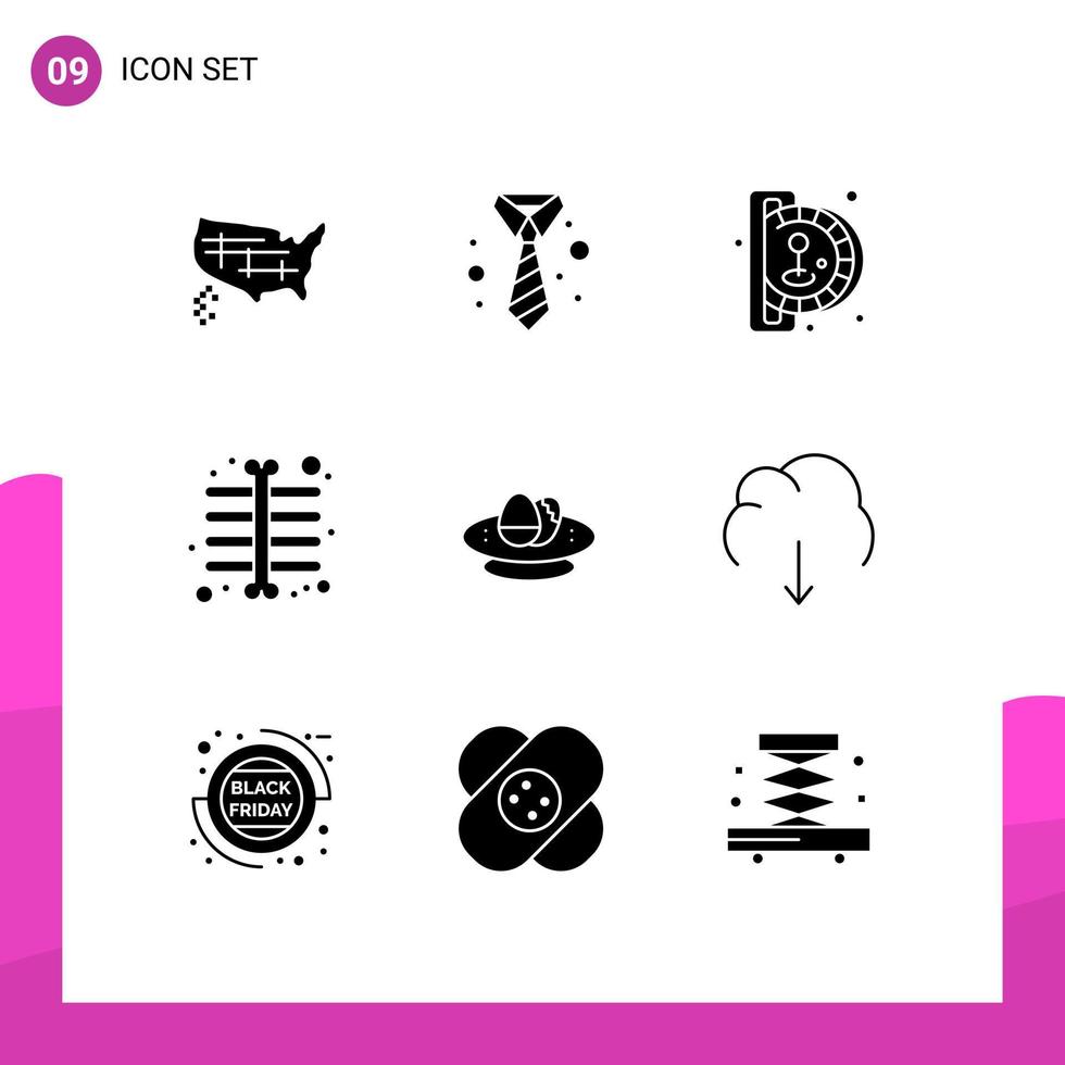 Pictogram Set of 9 Simple Solid Glyphs of easter bowl insert coin skeleton xray chest Editable Vector Design Elements