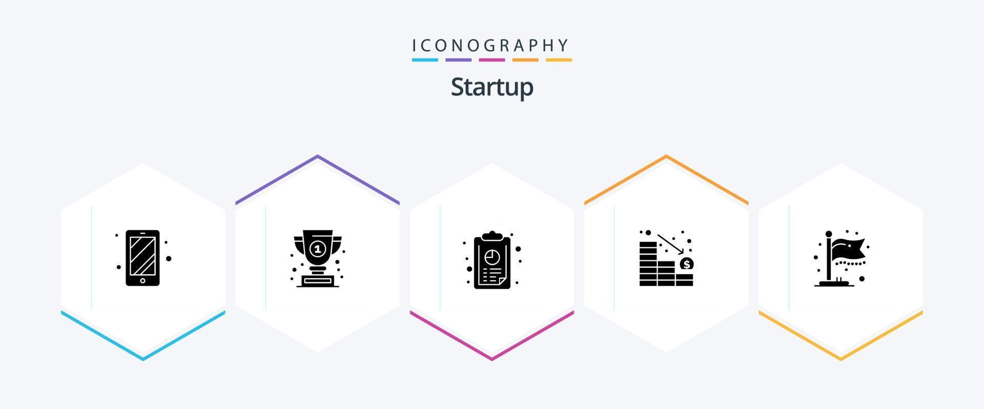 Startup 25 Glyph icon pack including milestone. finish. analytics. down. decrease vector