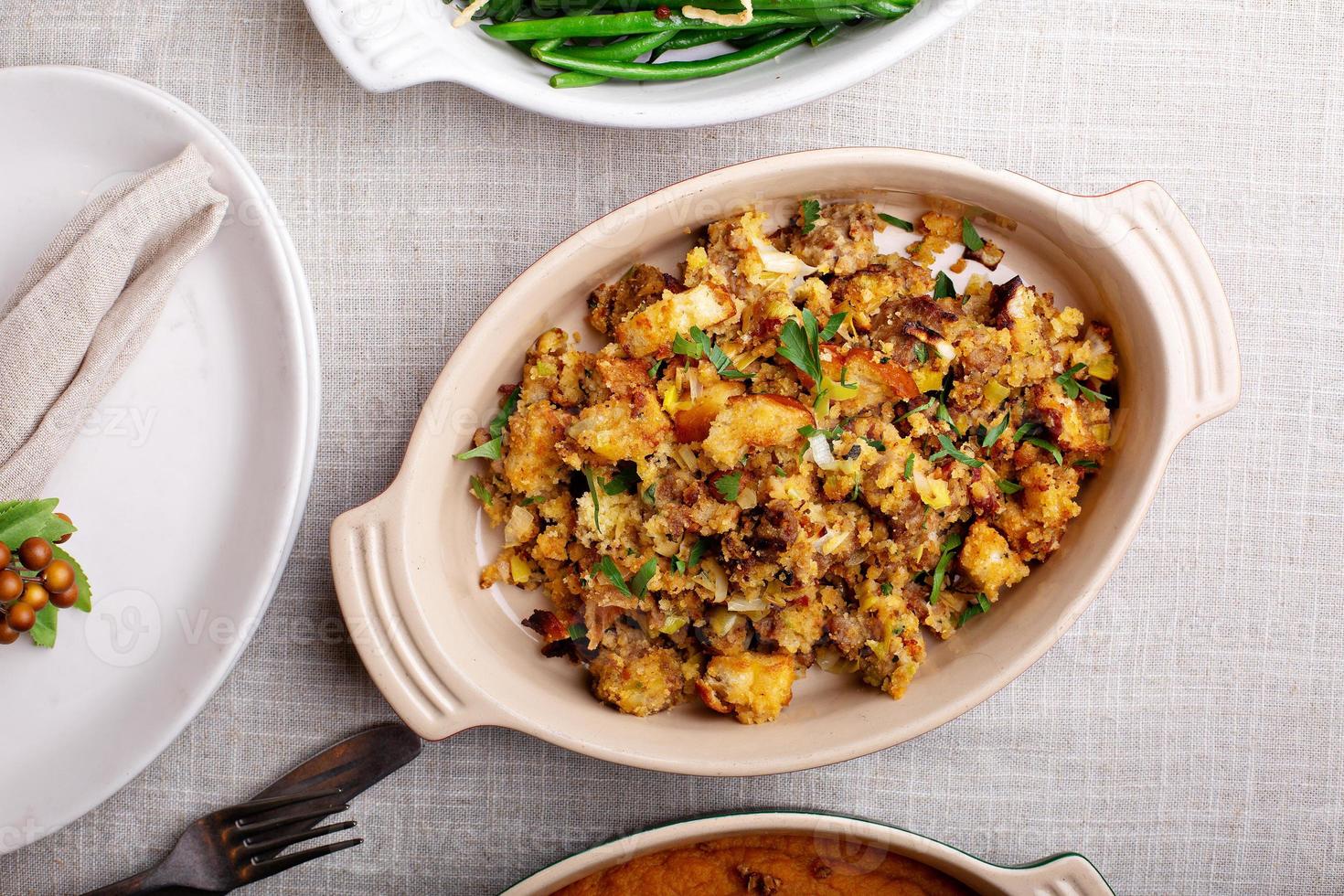 Traditional Thanksgiving side dish, cornbread stuffing photo