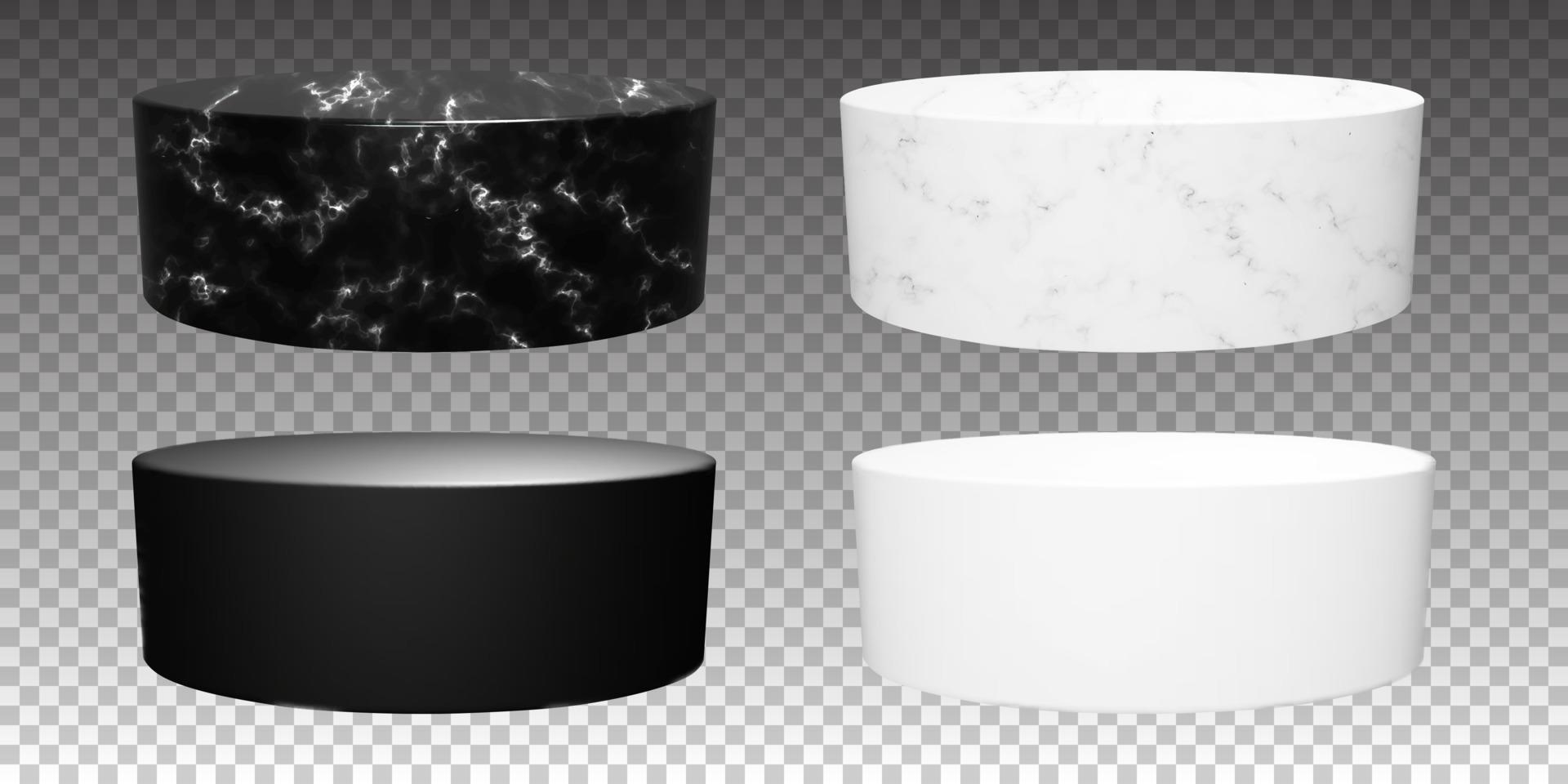 Oval marble product stand in white and black. Cylinder stone podium for advertising. Vector stage for musium or gallery banner presentation