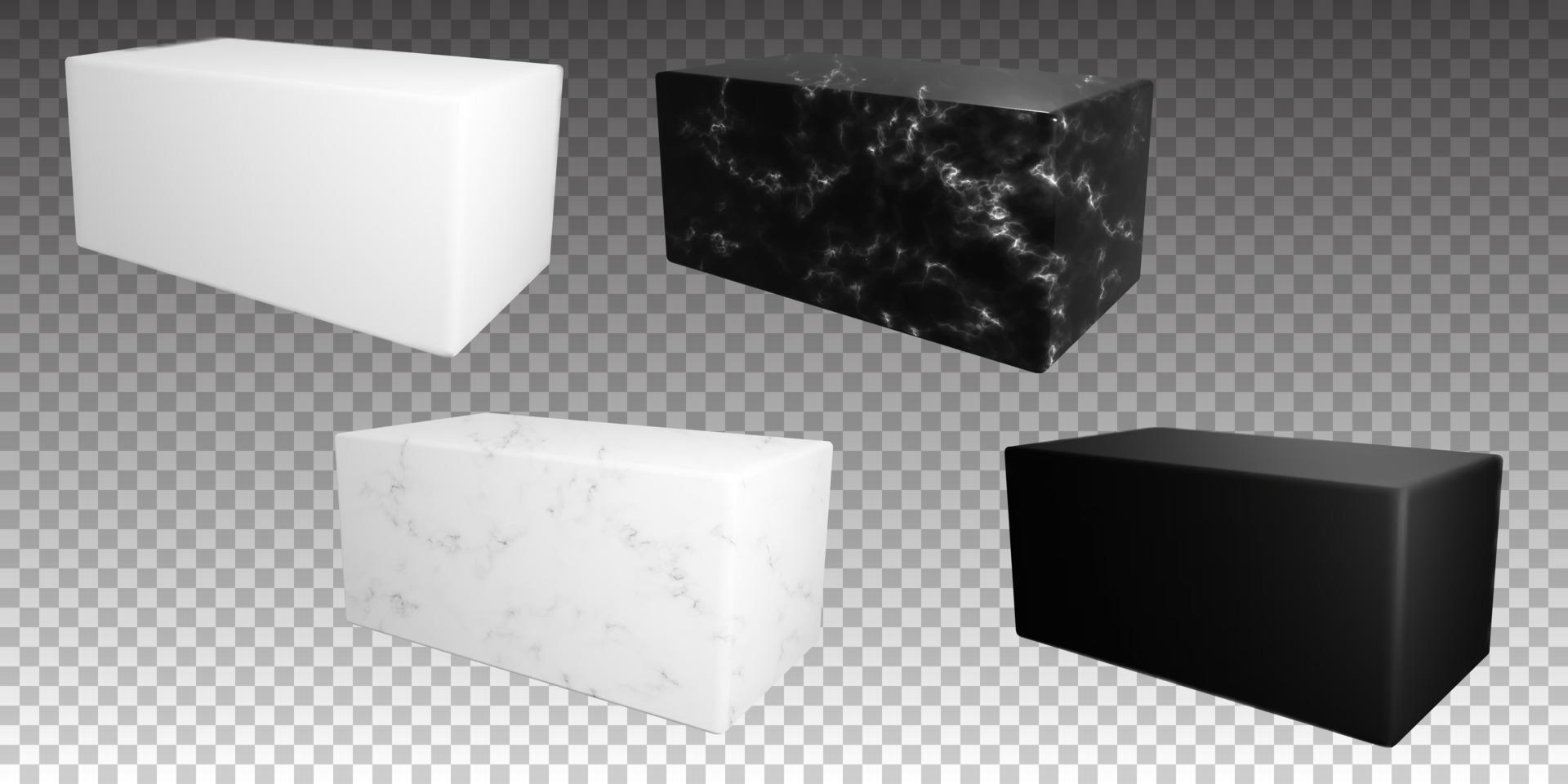 Side view marble podiums in white and black. Vector product stand objects for advertising r or banner design. Museum surface or gallery pillar template