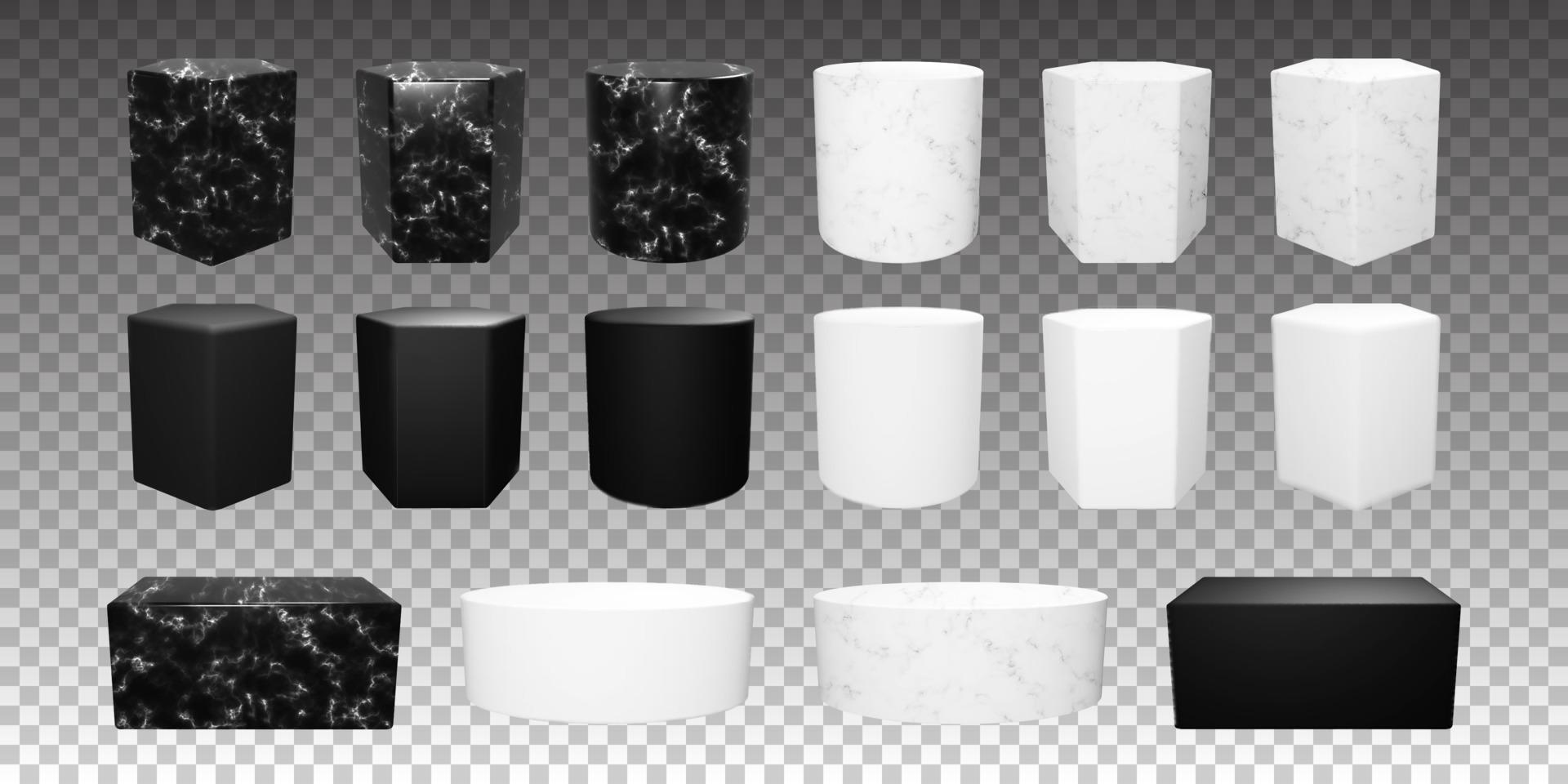 conjunto de pedestales geométricos de mármol blanco y negro. podios vectoriales con textura de piedra realista. vitrinas de productos de cilindro, pentágono y hexágono vector