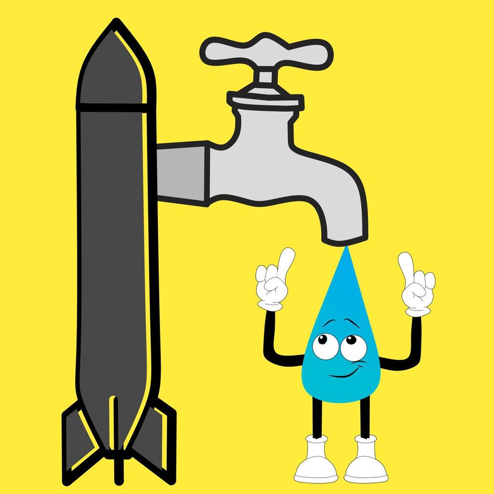 a vector illustration of a cute faucet, missile and water Character for a water saving campaign. suitable for introducing water saving to children or adults