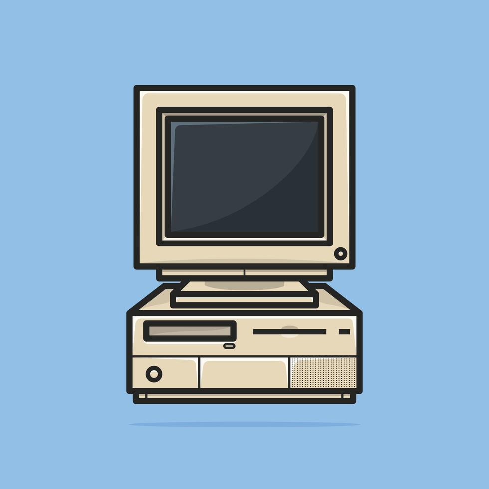 Front view of a realistic computer monitor with cpu. Vector illustration isolated on blue background.